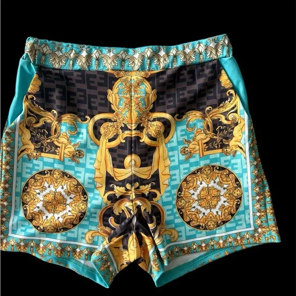 Shorts Set Vibrant Blue and Gold Patterned Jacket and Shorts - Picture 3 of 6